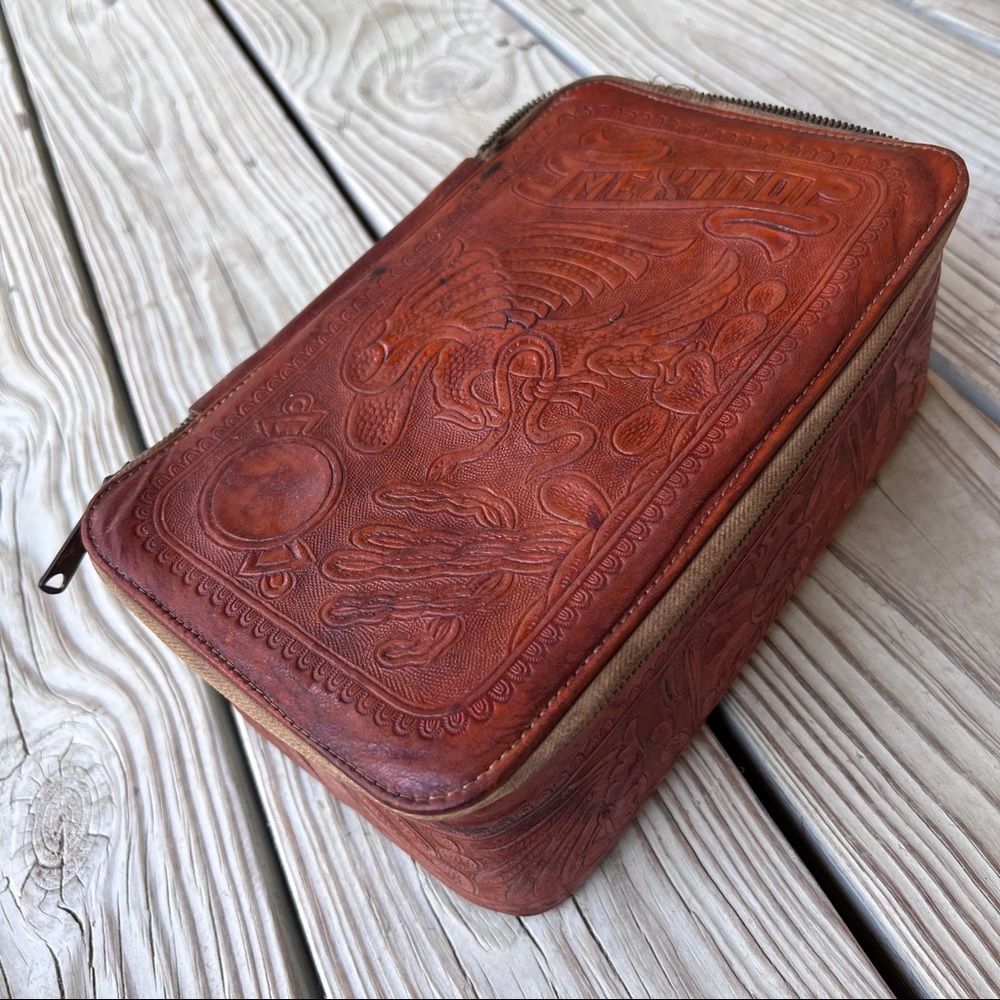 Vintage 1930s Mexico tooled leather box with acwalite celluloid brush shoehorn